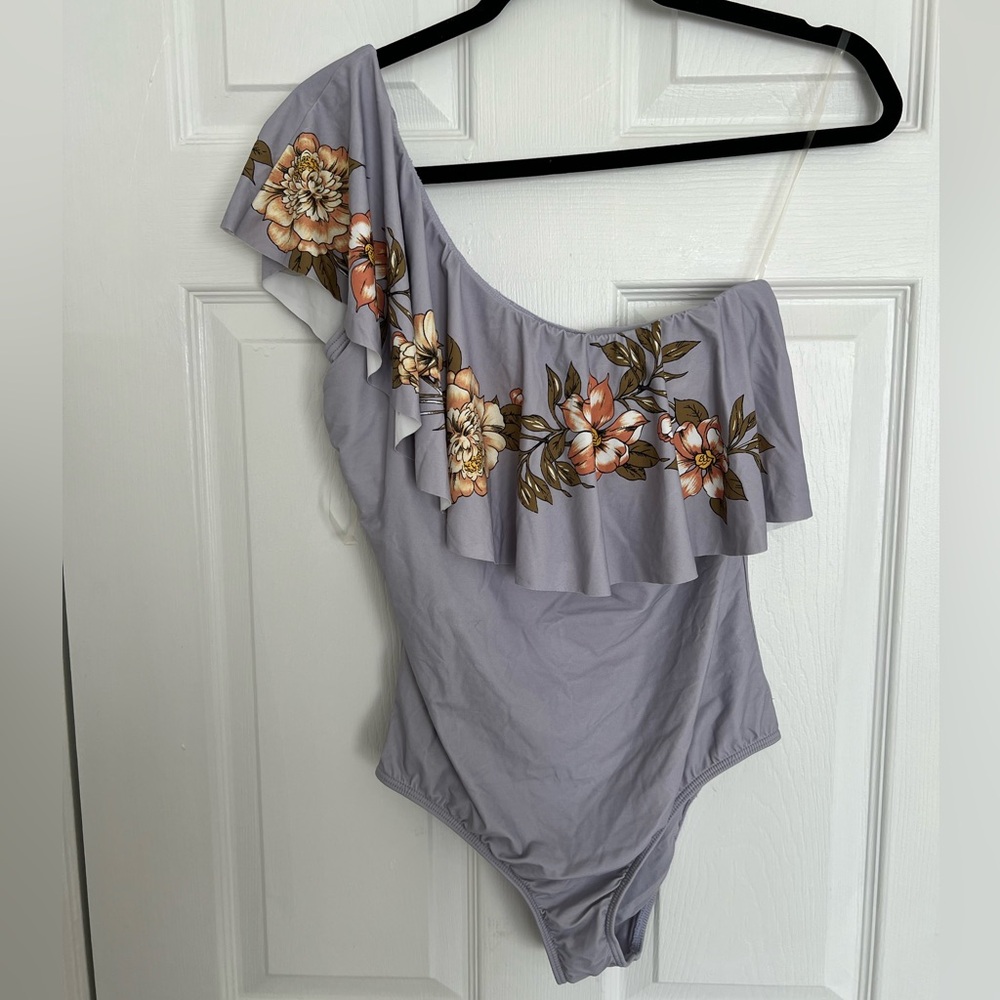 One Shoulder Steel Blue Ruffle Floral One Piece Swimsuit